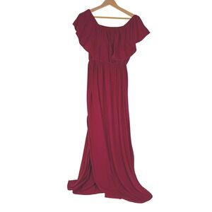 THANTH Maxi Dress Women Medium Red Ruffle‎ Off Shoulder Side Slit Cotton Spandex